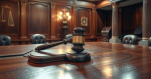 A gavel on a courtroom desk symbolizes justice served in a legal case against cyber crimes.