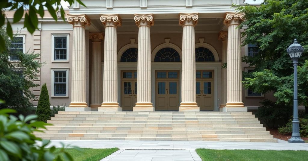 A court building exterior with a calm atmosphere, surrounded by greenery, reflecting justice and order.
