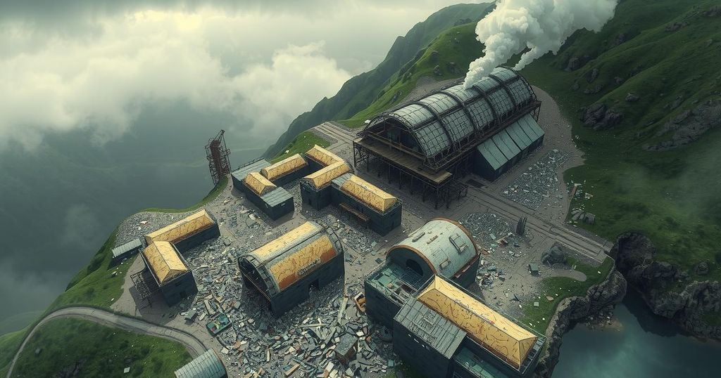 Aerial view of a destroyed industrial facility in a mountainous region, showcasing debris and smoke with a cloudy sky.