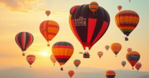 Colorful hot air balloons soaring in a clear sky, showcasing a vibrant sunset with warm hues.