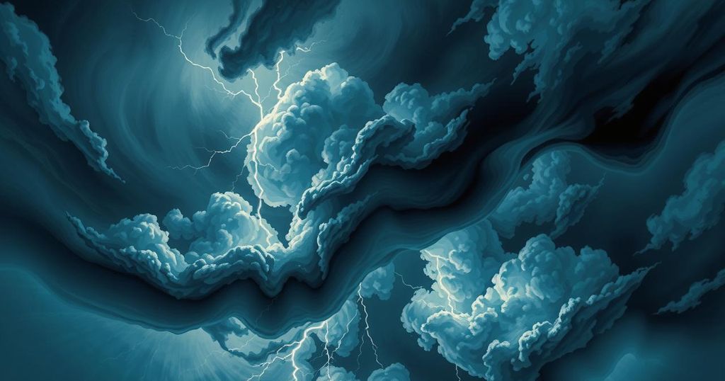 Dramatic sky with dark clouds and lightning, capturing tension and intensity of military conflict concept.