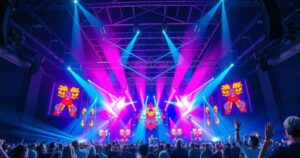 A vibrant concert scene featuring a stage and colorful lights, symbolizing a music tour celebration.