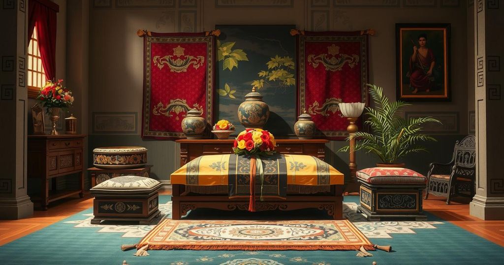 A serene traditional funeral scene, showcasing vibrant cultural elements and a dignified atmosphere during final rites.