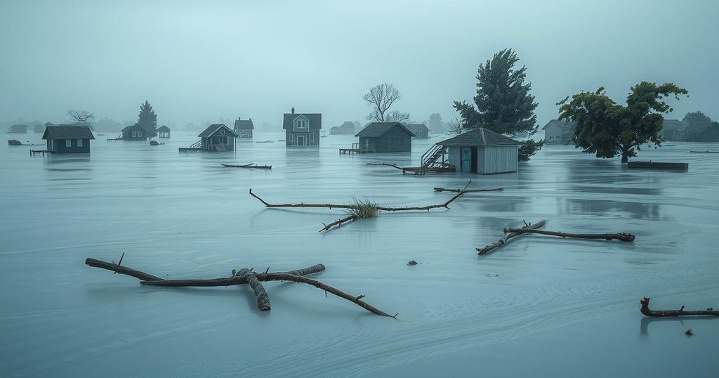 Flooded landscape with submerged houses and debris in a rural setting after heavy rain, capturing the impact of climate change.