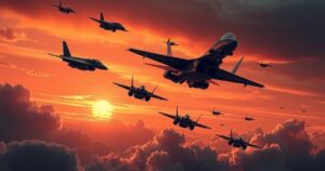 Military aircraft and missiles soaring over a dramatic sunset sky, symbolizing conflict and decision-making.