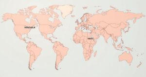 A world map highlighting borders of Cuba, Venezuela, and Haiti in muted colors, symbolizing travel restrictions.