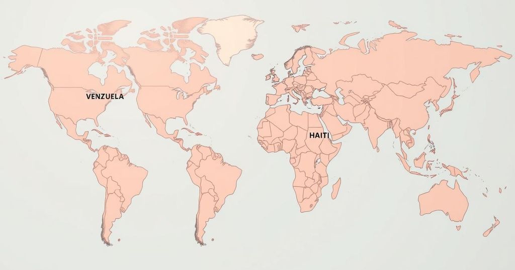 A world map highlighting borders of Cuba, Venezuela, and Haiti in muted colors, symbolizing travel restrictions.