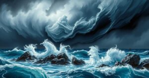 A turbulent sea with dark clouds, powerful waves crashing against rocky shore, depicting cyclone intensity.