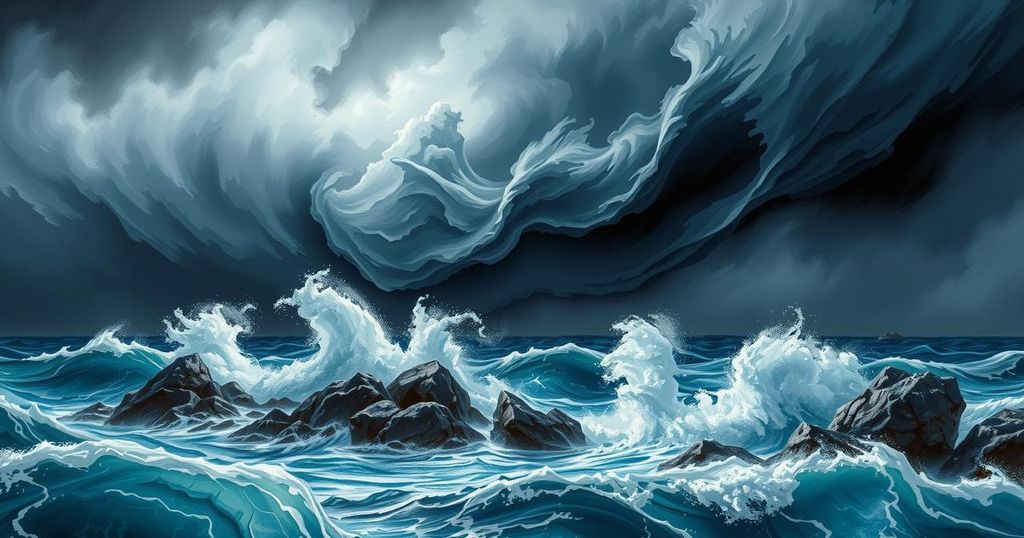 A turbulent sea with dark clouds, powerful waves crashing against rocky shore, depicting cyclone intensity.