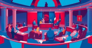 Illustration of a debate in a legislative chamber, with opposing sides represented graphically in bright colors.