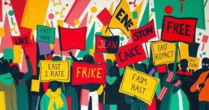 A colorful abstract representation of a protest with banners and signs in vibrant hues and dynamic shapes.