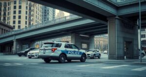 A police vehicle parked near a bridge, with a visible sign of a stop-and-search checkpoint in an urban area.