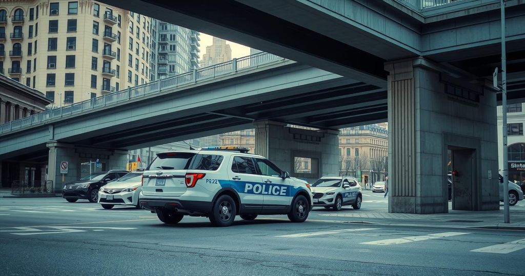 A police vehicle parked near a bridge, with a visible sign of a stop-and-search checkpoint in an urban area.