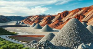 A serene mining landscape with chromite ore piles, showcasing nature and resources, in earthy colors.