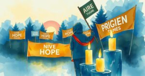 A peaceful protest scene depicting banners and candles in solidarity, with shades of blue and yellow.