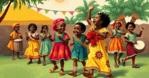 Vibrant Togo scene depicting culture, traditional attire, joyful children, and warm community welcome without any individuals.