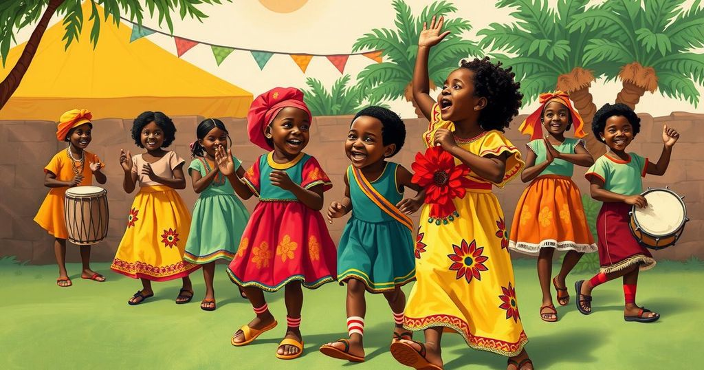 Vibrant Togo scene depicting culture, traditional attire, joyful children, and warm community welcome without any individuals.