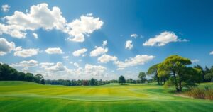 Golf scene depicting a serene green course with a well-maintained fairway and a blue sky, showcasing a sunny day.