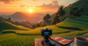 A filmmaker's journey depicted with a camera and lush landscapes of Vietnam, highlighting resilience and hope.
