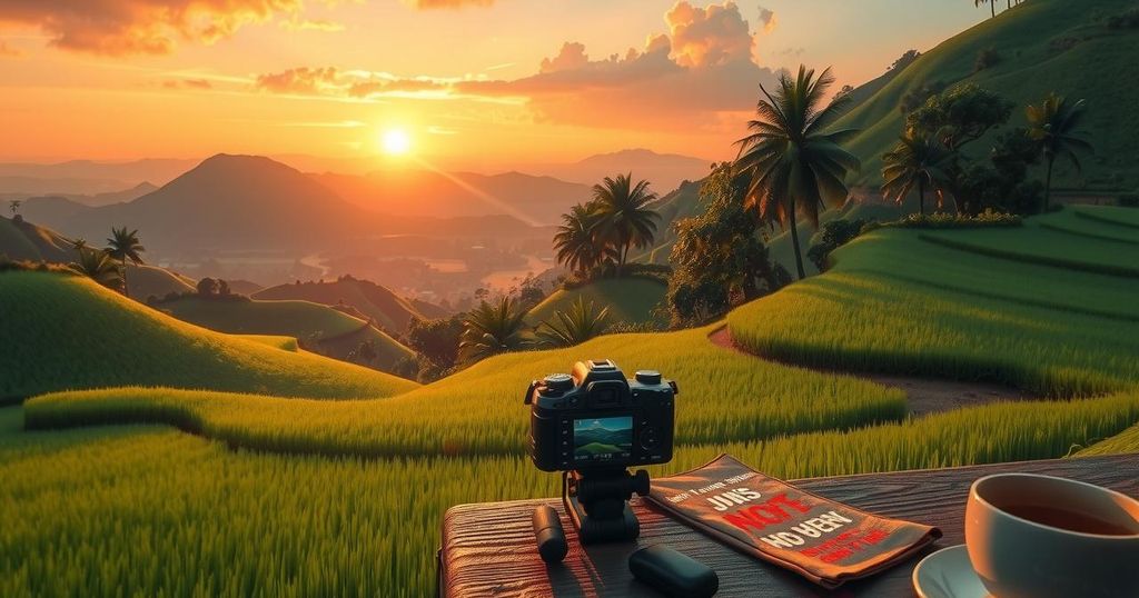 A filmmaker's journey depicted with a camera and lush landscapes of Vietnam, highlighting resilience and hope.