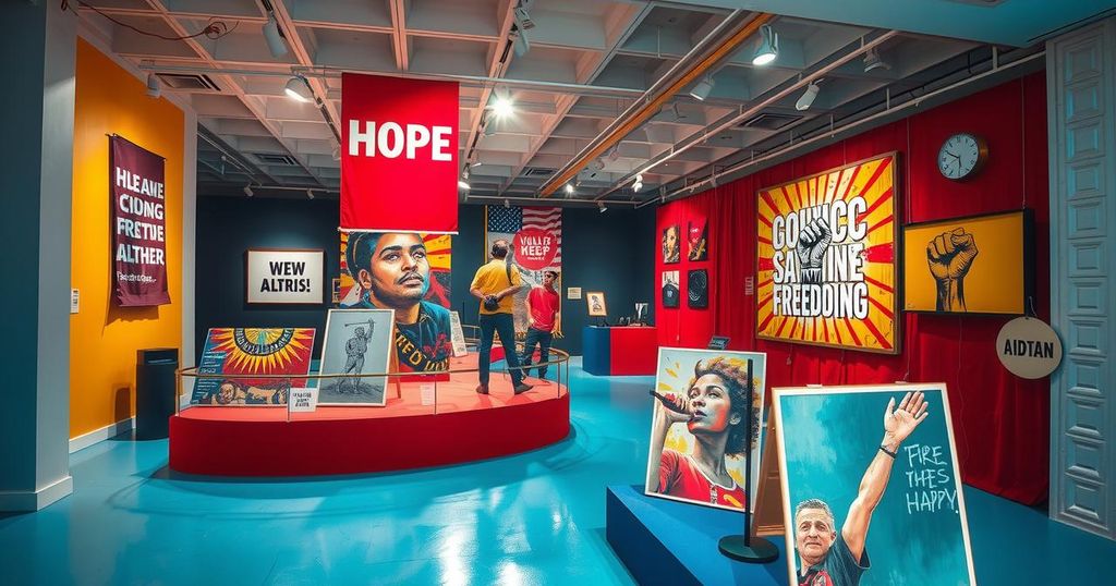 Colorful exhibition showcasing resistance against oppression with symbolic imagery of freedom and hope.