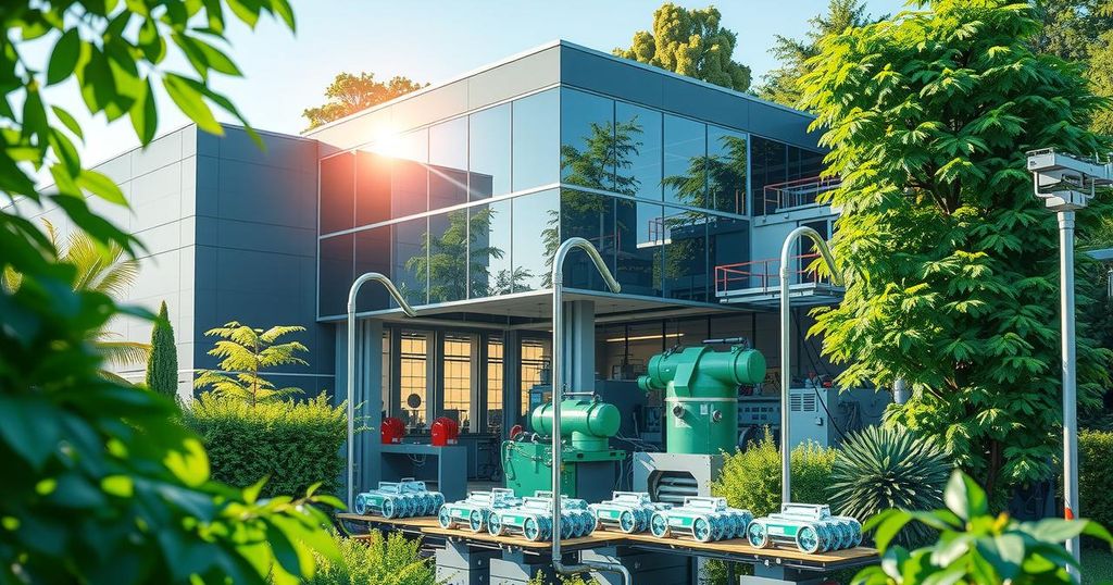 A modern electric vehicle battery plant in vibrant green surroundings showcasing advanced technology in production.