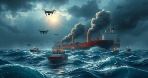 Red Sea scene with a cargo ship under attack from small boats and drones, surrounded by turbulent waters.