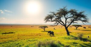 A vibrant landscape depicting an African savannah with rich grasslands and acacia trees under a bright blue sky.