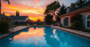 A serene poolside scene showcasing a vibrant sunset with lush greenery in a warm color palette.