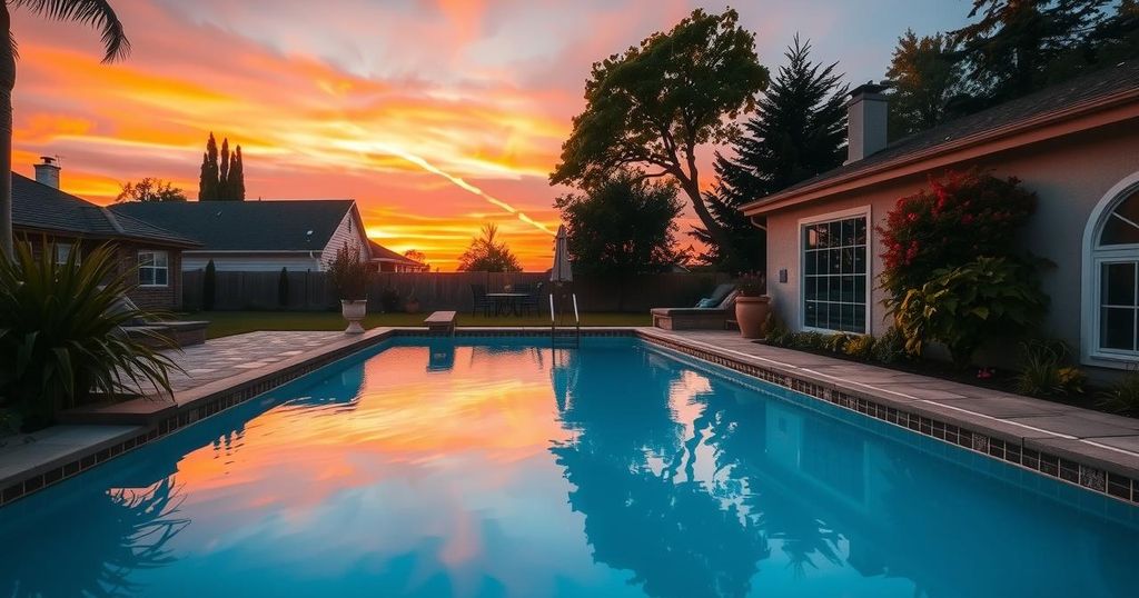A serene poolside scene showcasing a vibrant sunset with lush greenery in a warm color palette.