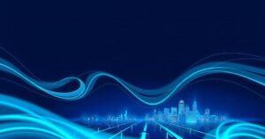 Silhouette of a city skyline with abstract digital data streams in a blue palette representing data privacy concerns.