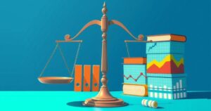 Visual representation of a legislative decision process with symbolic scales and charts in a bright color palette