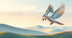 A symbolic representation of peace and stability, depicting a dove with olive branches over a serene landscape.