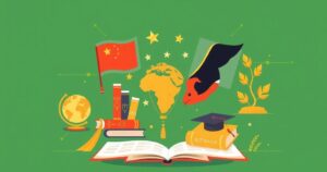 A vibrant illustration of educational collaboration symbolizing China and Botswana's partnership with books and cultural symbols.
