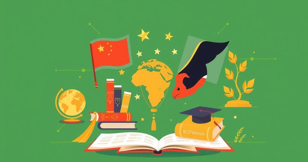 A vibrant illustration of educational collaboration symbolizing China and Botswana's partnership with books and cultural symbols.