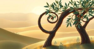 A peaceful landscape showing a unity symbol with olive branches in warm earthy tones and soft textures.