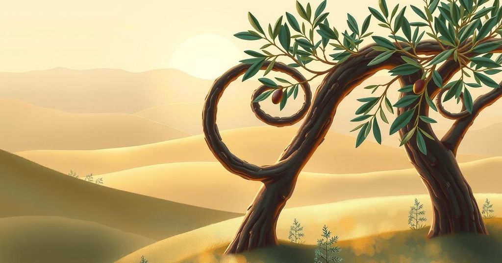 A peaceful landscape showing a unity symbol with olive branches in warm earthy tones and soft textures.
