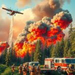 Firefighters and aircraft combat raging wildfires on a lush landscape, showcasing determination amidst natural disaster.
