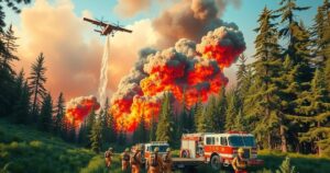 Firefighters and aircraft combat raging wildfires on a lush landscape, showcasing determination amidst natural disaster.