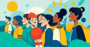 Colorful representation of a young population engaged in an optimistic voting scenario for an election.