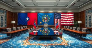 A political meeting scene with flags representing Liberia and the USA, showcasing diplomacy and international relations.