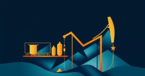 Abstract representation of Argentina's oil company crisis with dark blue and gold tones overlaid with geometric shapes.