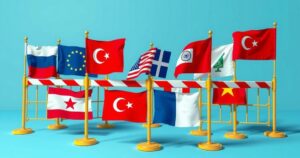 A symbolic representation of international trade tensions, featuring flags and currency symbols in contrasting colors.