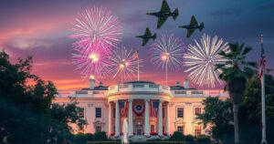 White House July 4 celebration with a military flyover of B-2 bombers and red, white, blue decorations in the background.