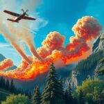 Forest fire fighting scene featuring Canadair aircraft over a mountainous region in northern Morocco.