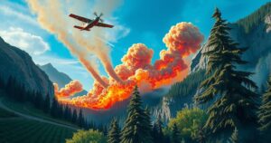 Forest fire fighting scene featuring Canadair aircraft over a mountainous region in northern Morocco.
