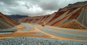 A barren gold mine site with scattered gravel and sandy mixture, under a cloudy sky, reflecting a somber atmosphere.