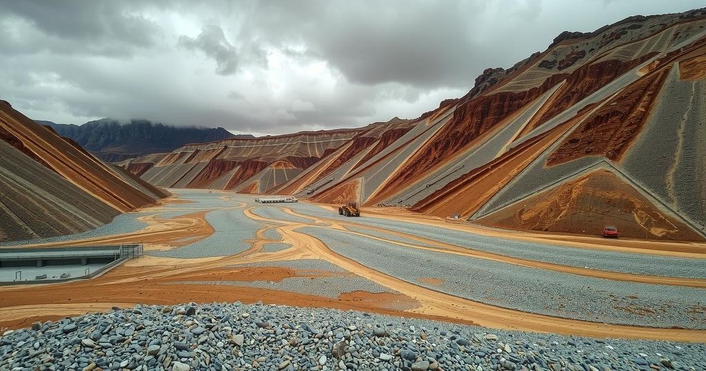 A barren gold mine site with scattered gravel and sandy mixture, under a cloudy sky, reflecting a somber atmosphere.