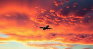 Airplane taking off against a vibrant sunset sky, showcasing aviation and travel themes in a surrealist style.