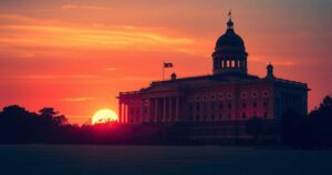 Silhouette of a historical building representing leadership and governance in a serene sunset backdrop.